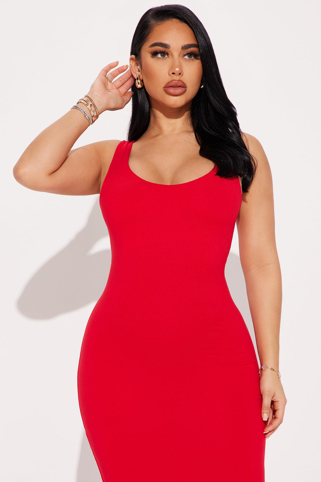 Double Scoop Midi Dress - Red