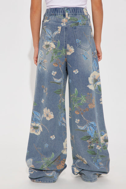 Mini Blooming Love Floral Ripped Wide Leg Jeans - Medium Wash