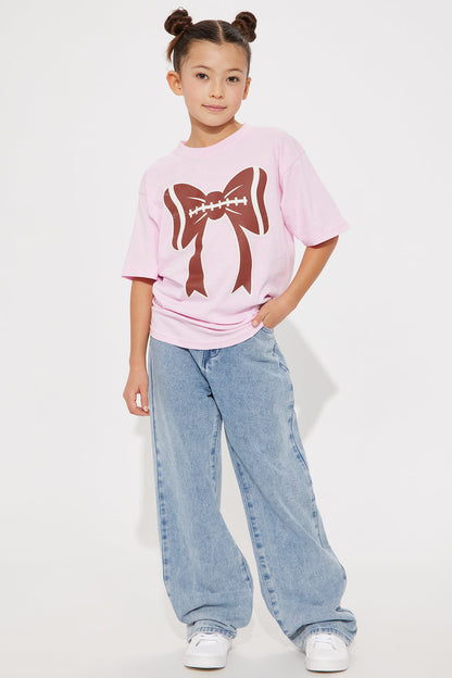 Mini Taking A Bow Embroidered Baggy Jeans - Light Wash