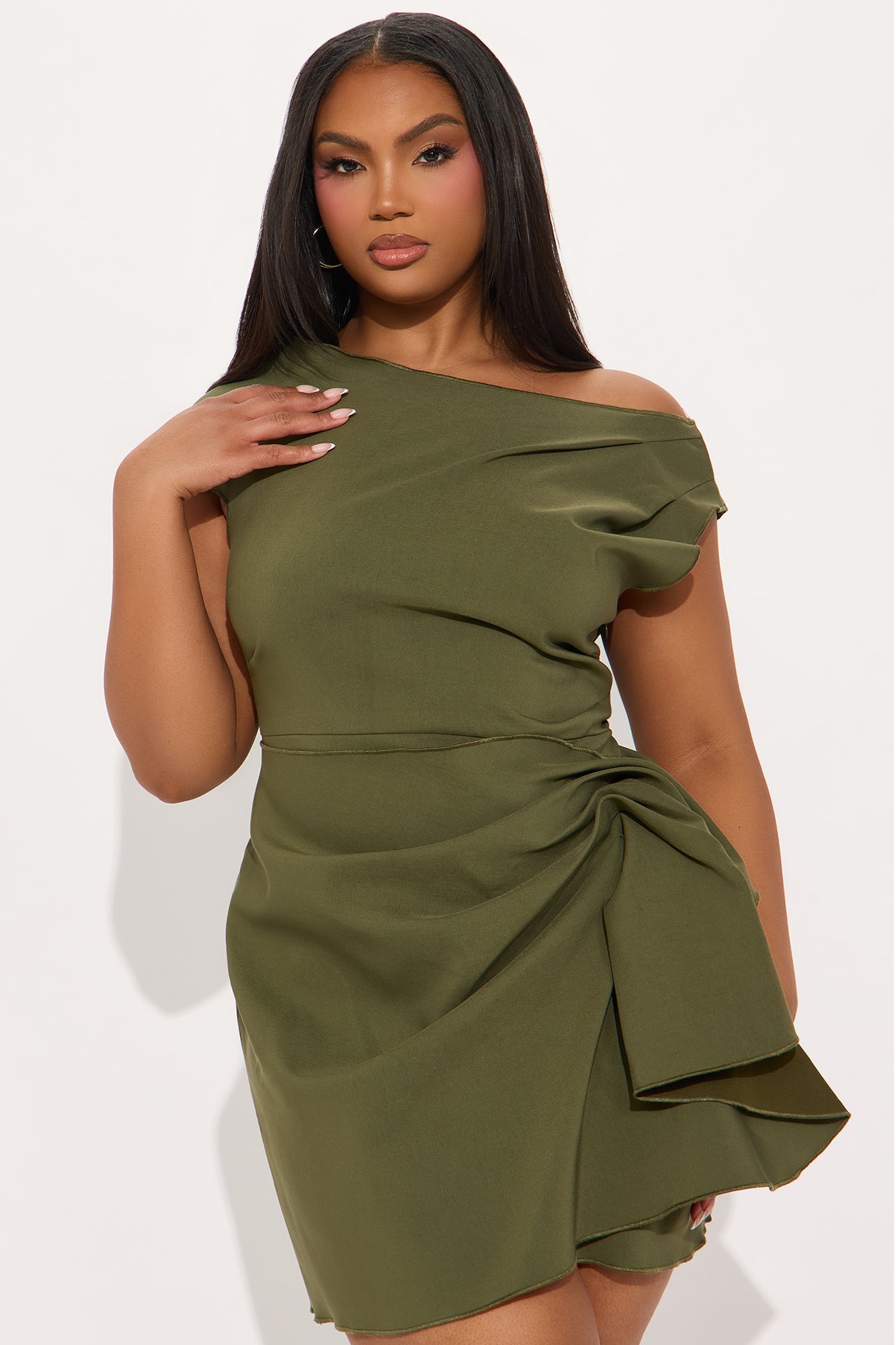 Feel The Vibe Ruched Mini Dress - Olive
