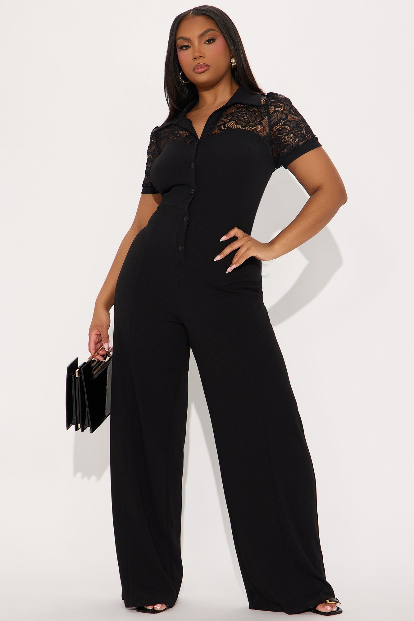 Katherine Crepe Short Sleeve Button Up Jumpsuit - Black