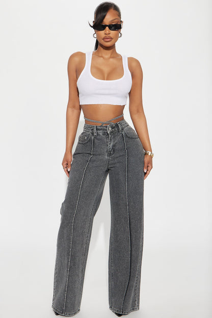 Cross Your Mind Non Stretch Wide Leg Jeans - Grey