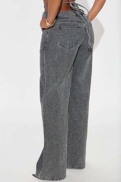 Cross Your Mind Non Stretch Wide Leg Jeans - Grey