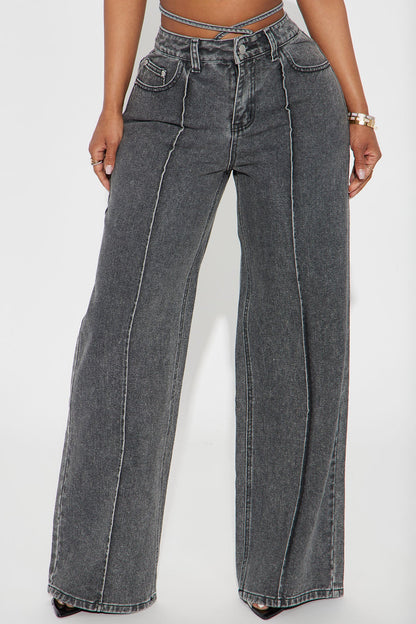 Cross Your Mind Non Stretch Wide Leg Jeans - Grey