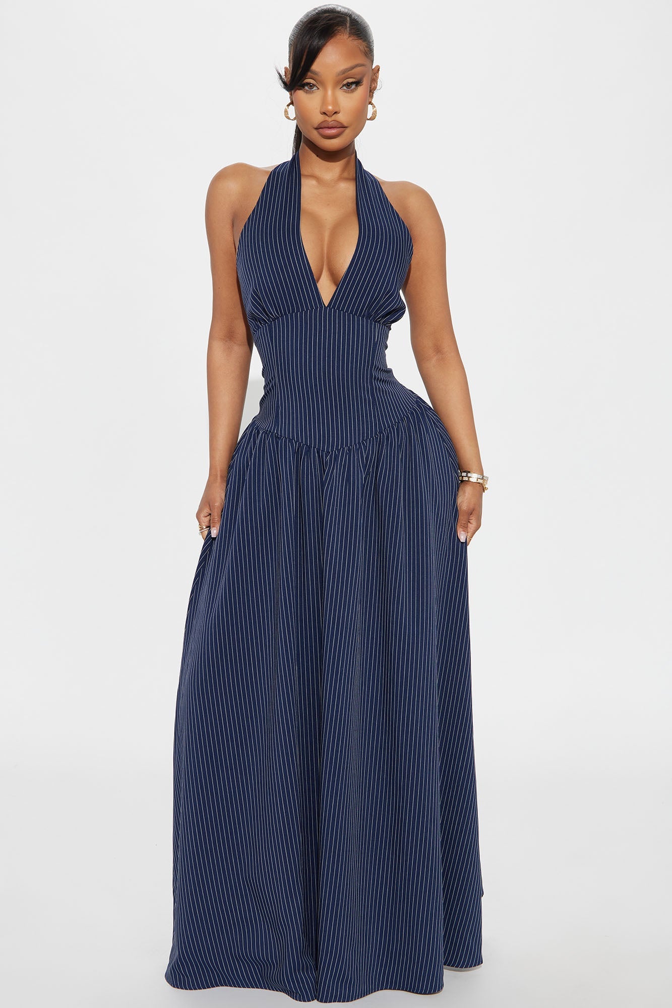 Jayla Pinstripe Halter Maxi Dress - Navy/combo