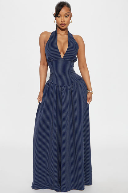 Jayla Pinstripe Halter Maxi Dress - Navy/combo