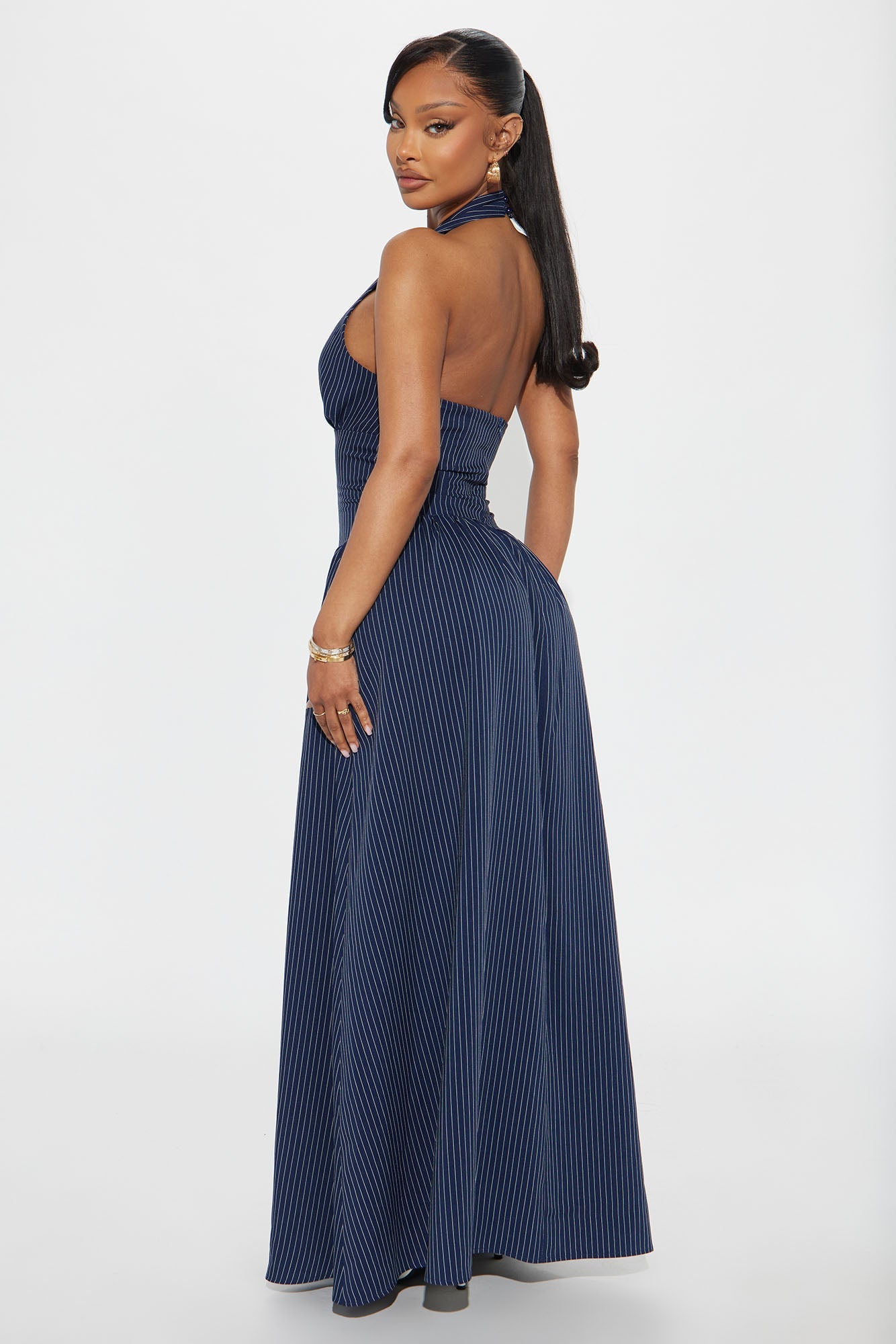 Jayla Pinstripe Halter Maxi Dress - Navy/combo