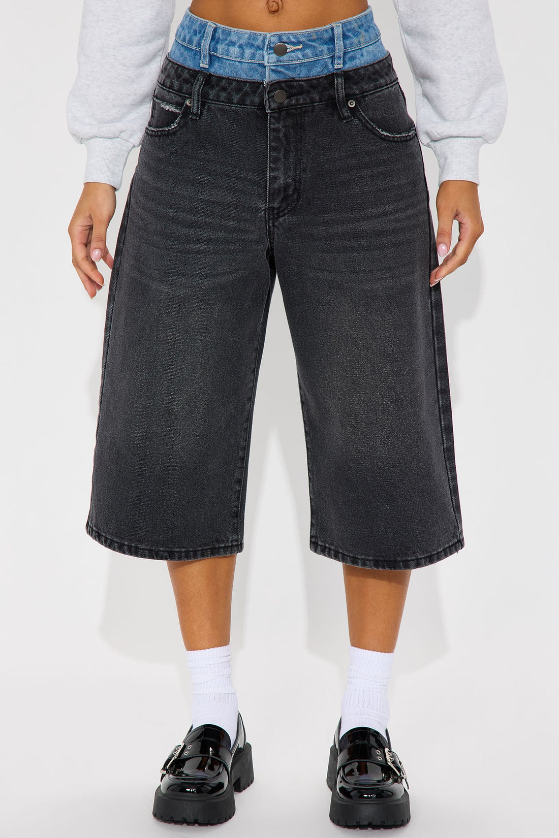Rowen Non Stretch Double Waistband Denim Jorts - Black Wash