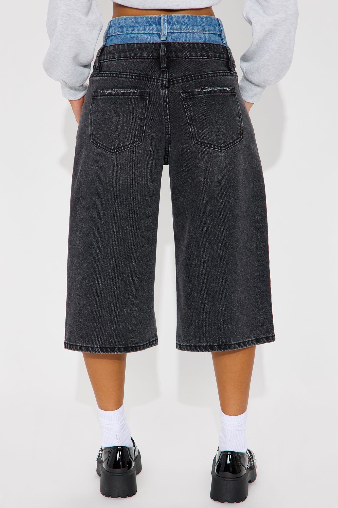 Rowen Non Stretch Double Waistband Denim Jorts - Black Wash