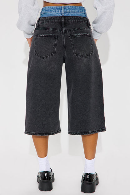 Rowen Non Stretch Double Waistband Denim Jorts - Black Wash