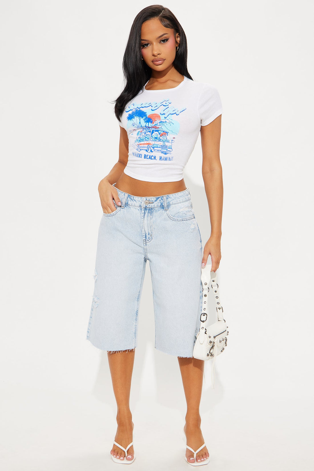 Took A While Non Stretch Ripped Denim Jorts - Light Wash