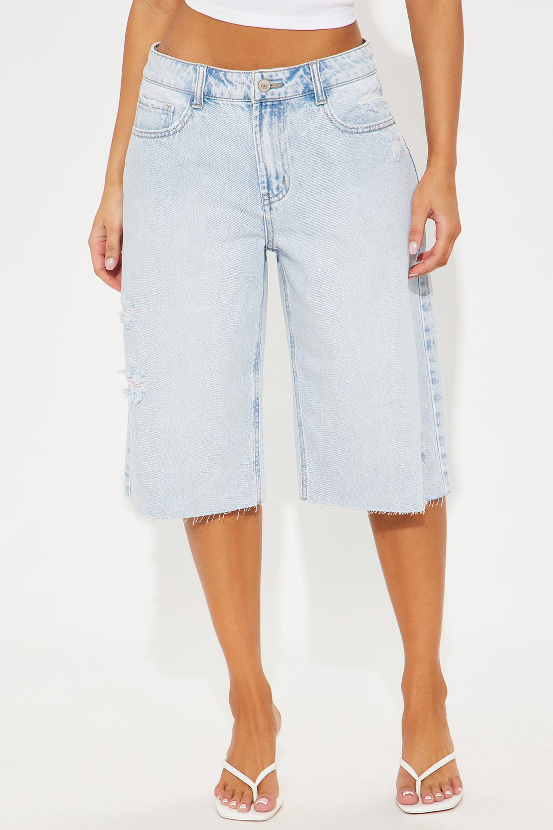 Took A While Non Stretch Ripped Denim Jorts - Light Wash