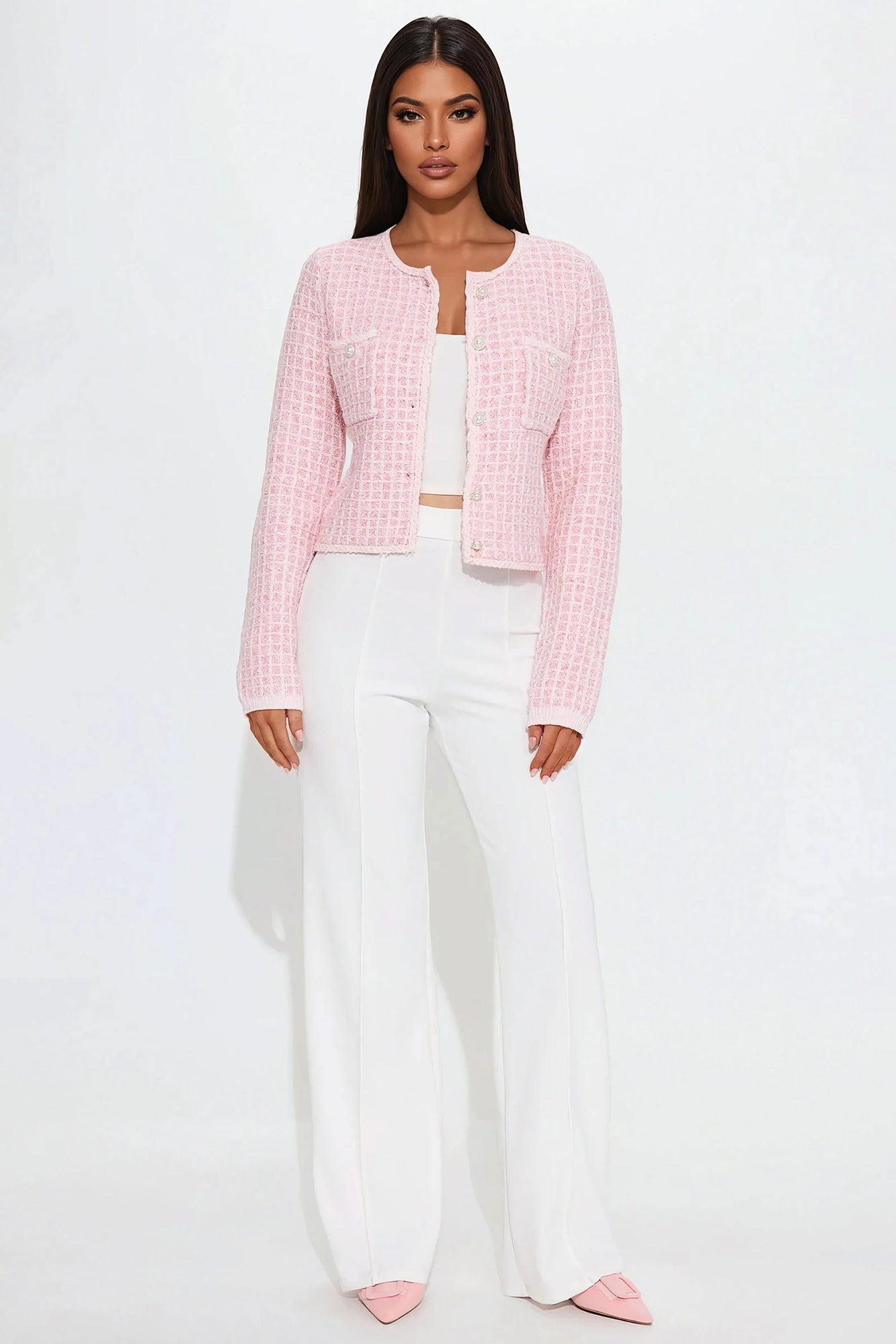 Social Girly Tweed Cardigan - Pink
