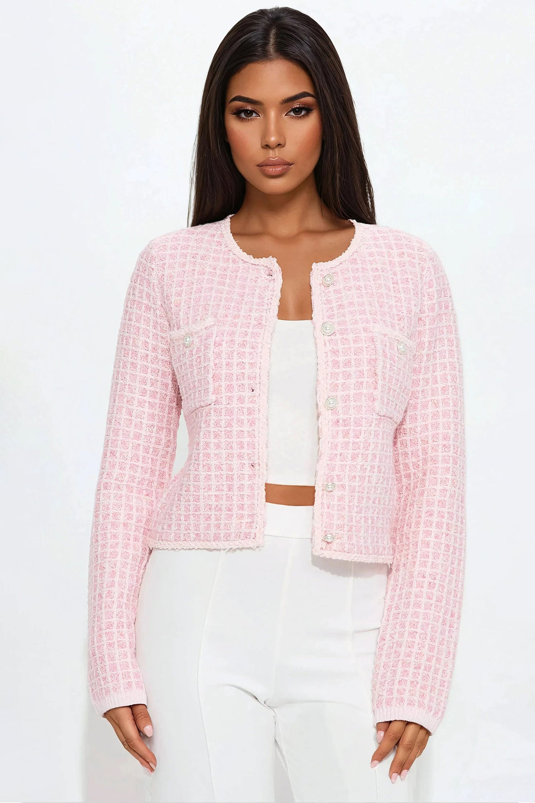 Social Girly Tweed Cardigan - Pink