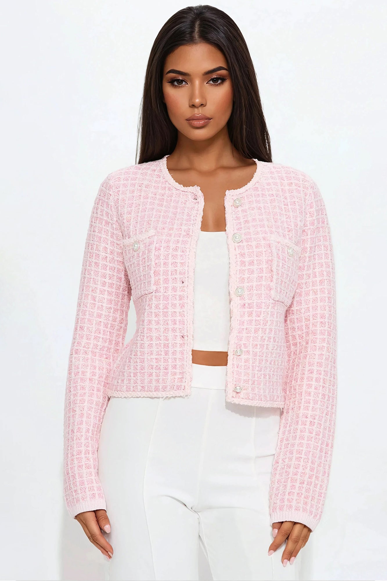 Social Girly Tweed Cardigan - Pink