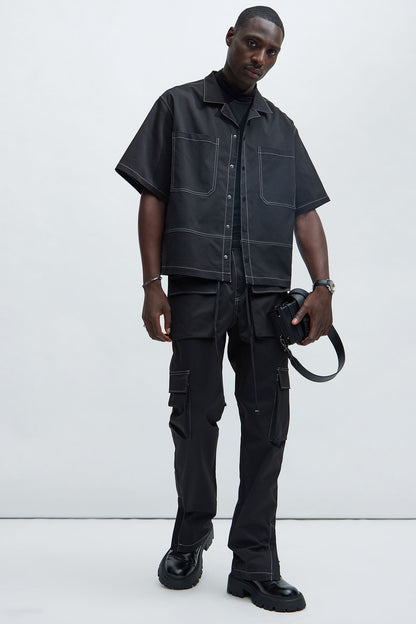 Curtis Contrast Stitch Boxy Shirt - Black