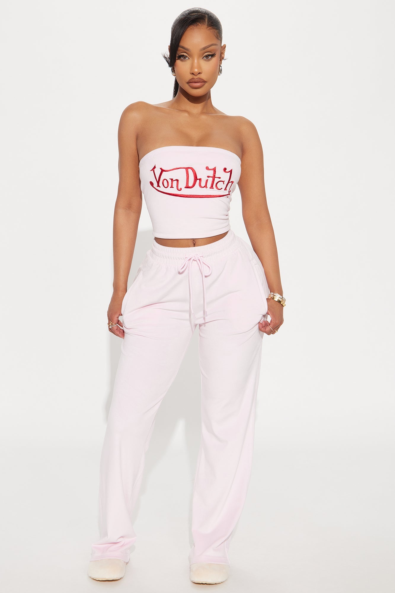 Von Dutch Velour Wide Leg Pant - Light Pink
