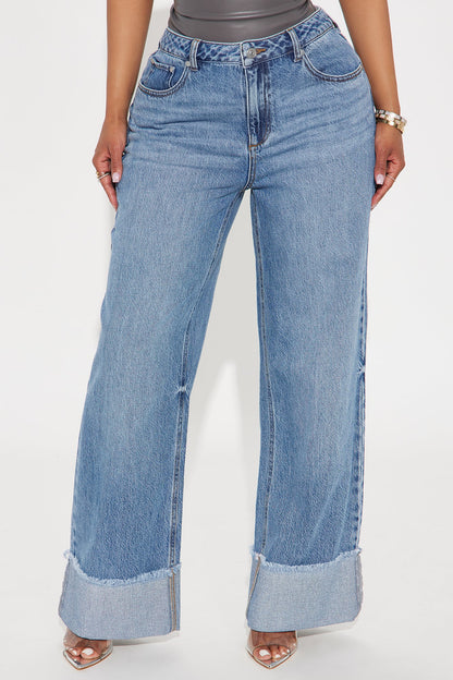 Cuff It Non Stretch Cuffed Wide Leg Jeans - Dark Wash