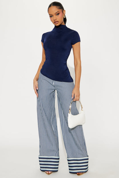 Rebecca Cap Sleeve Asymmetrical Ruched Top - Navy