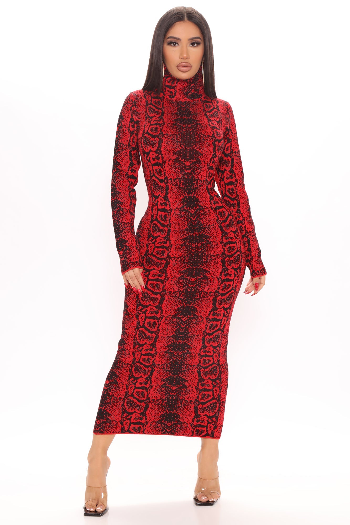 Saucy Snake Sweater Midi Dress - Red/Black