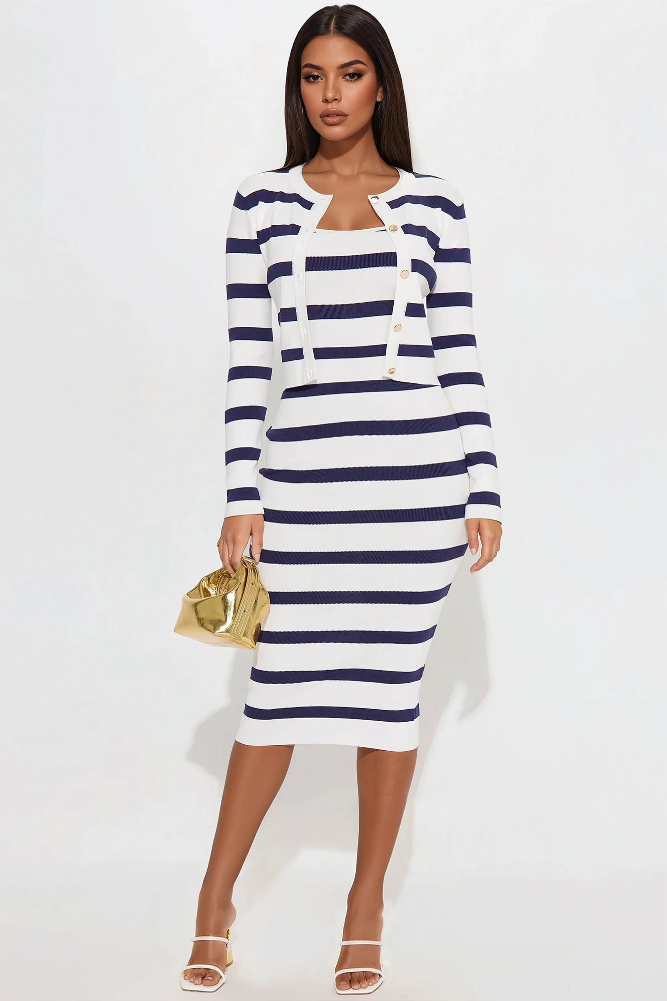 Christiana Striped Sweater Midi Dress Set - Navy/combo