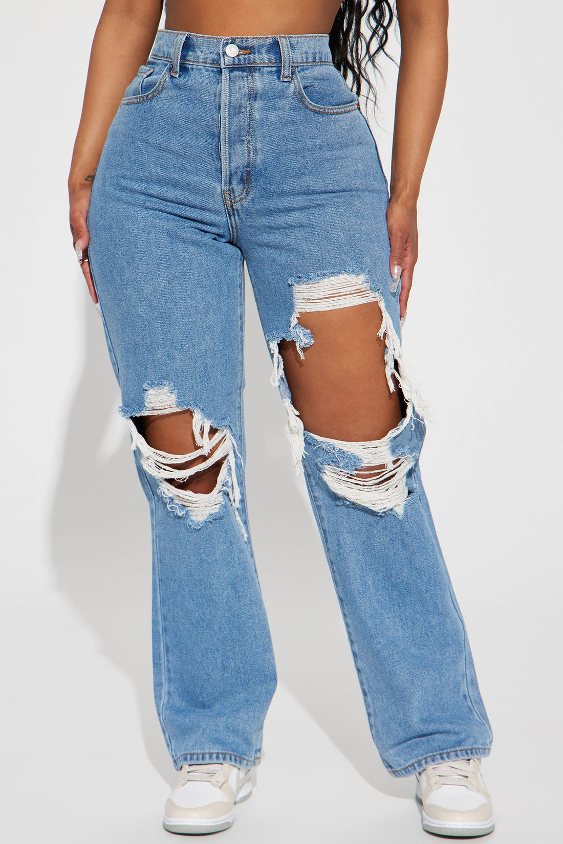 Drive You Crazy Ripped Non Stretch Straight Leg Jeans - Medium Wash