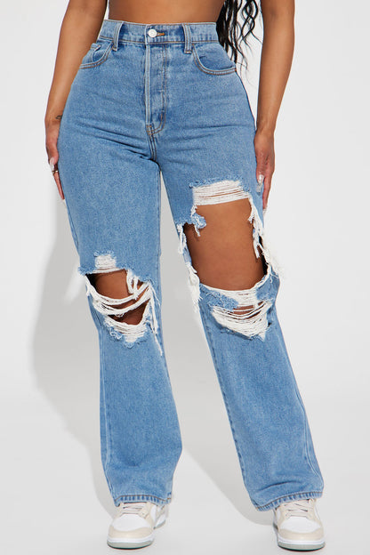 Drive You Crazy Ripped Non Stretch Straight Leg Jeans - Medium Wash