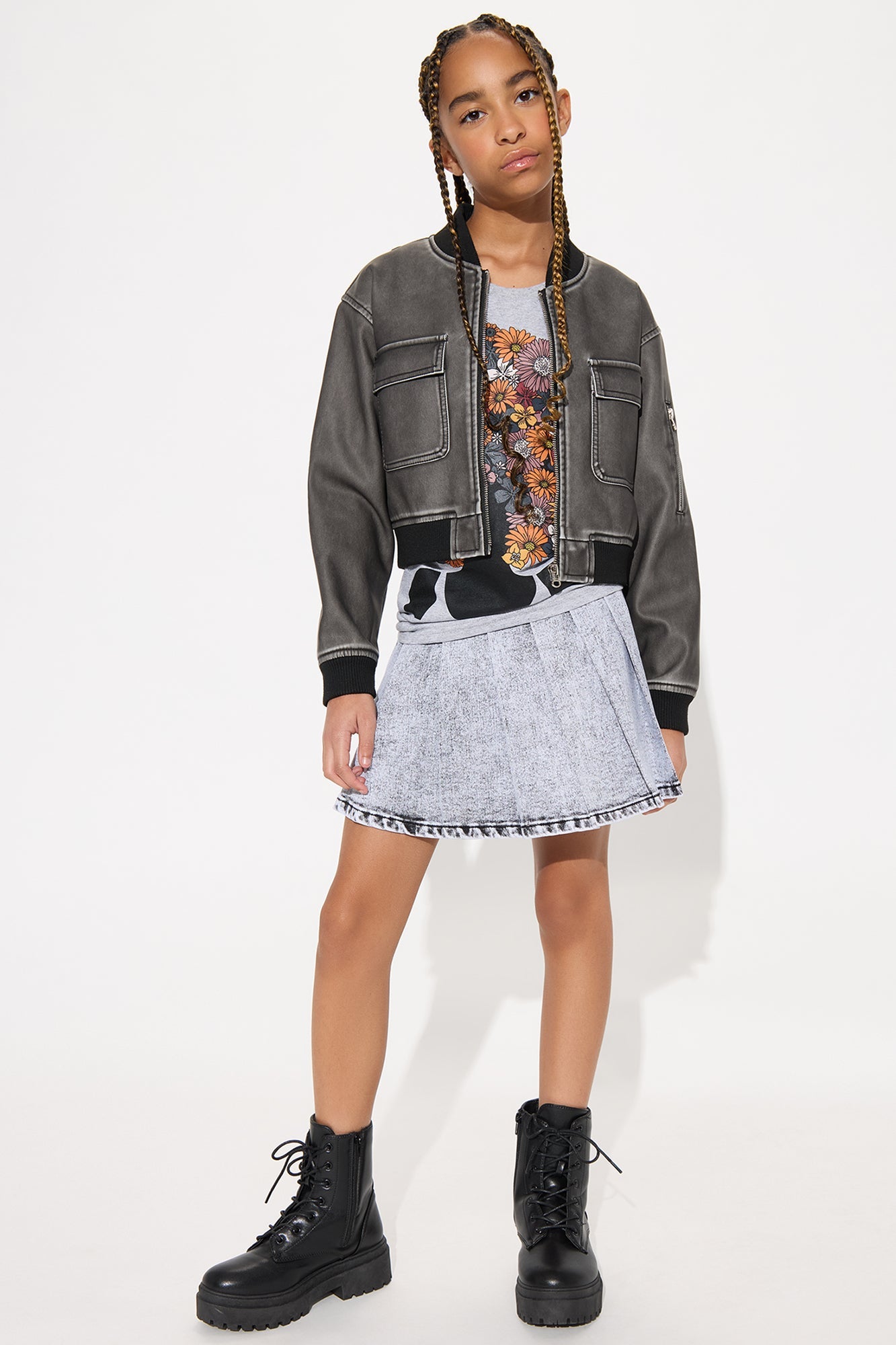 Mini Erin Pleated Denim Skirt - Grey