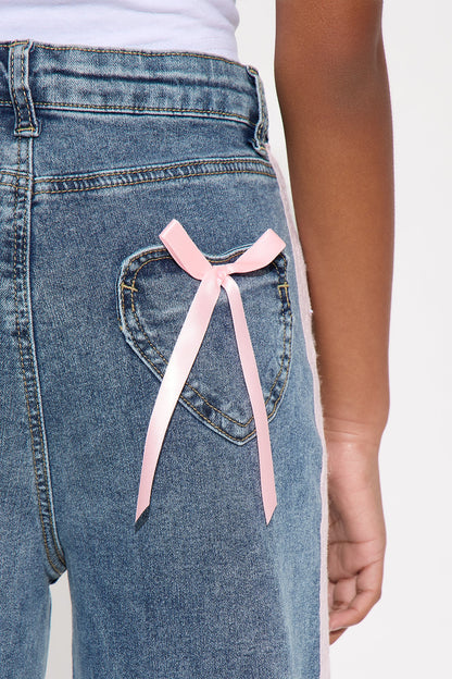 Mini Keep It Sweet Lace Trim Bow Jeans - Medium Wash