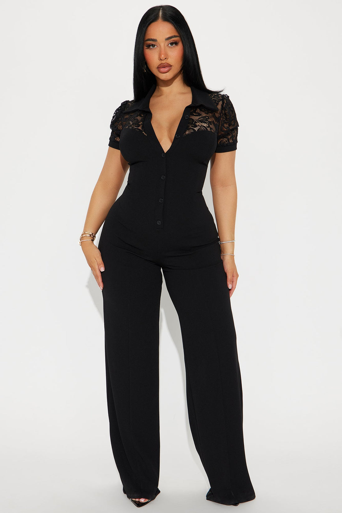 Katherine Crepe Short Sleeve Button Up Jumpsuit - Black