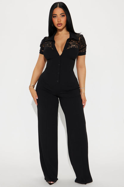 Katherine Crepe Short Sleeve Button Up Jumpsuit - Black