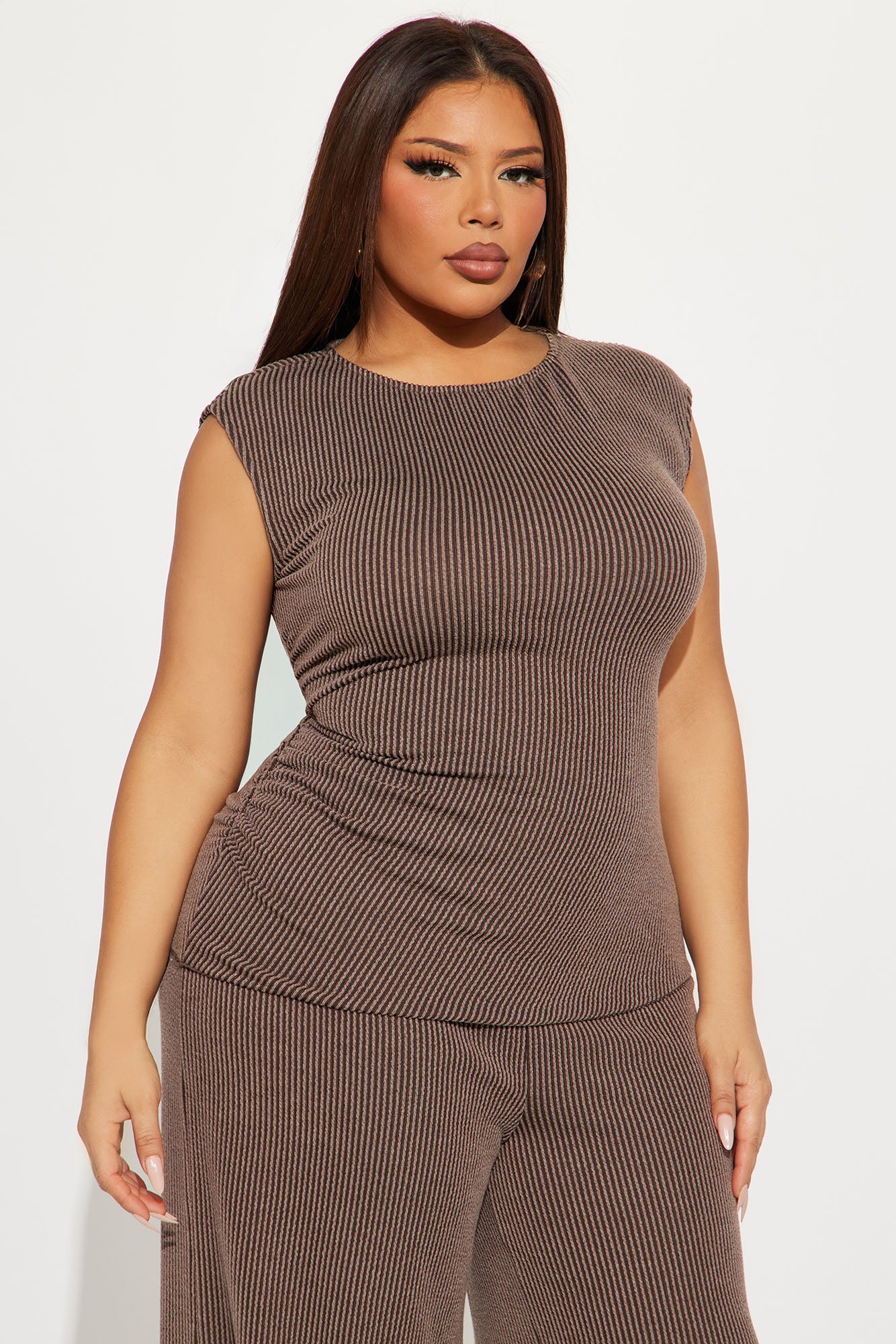 Amaya Ribbed Pant Set - Brown