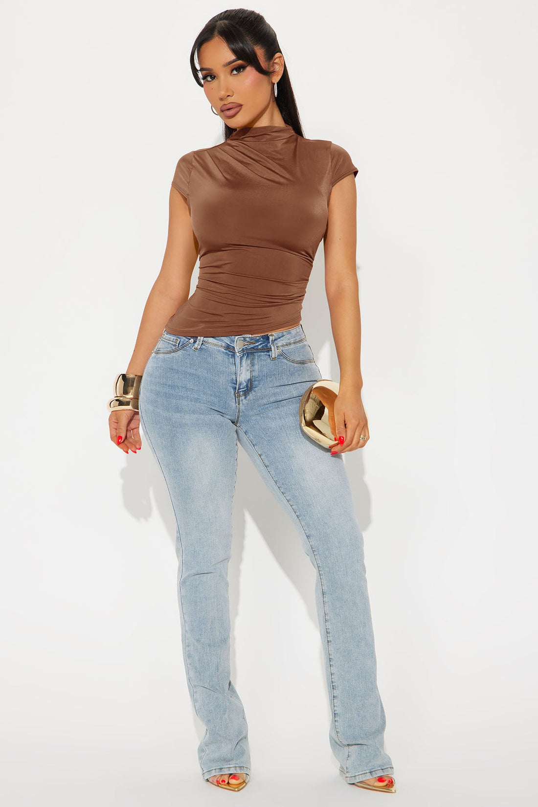 Ines Asymmetrical Ruched High Neck Top - Chocolate