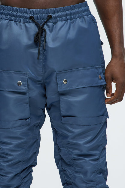 Scrunched Flared Nylon Cargo Pants - Blue