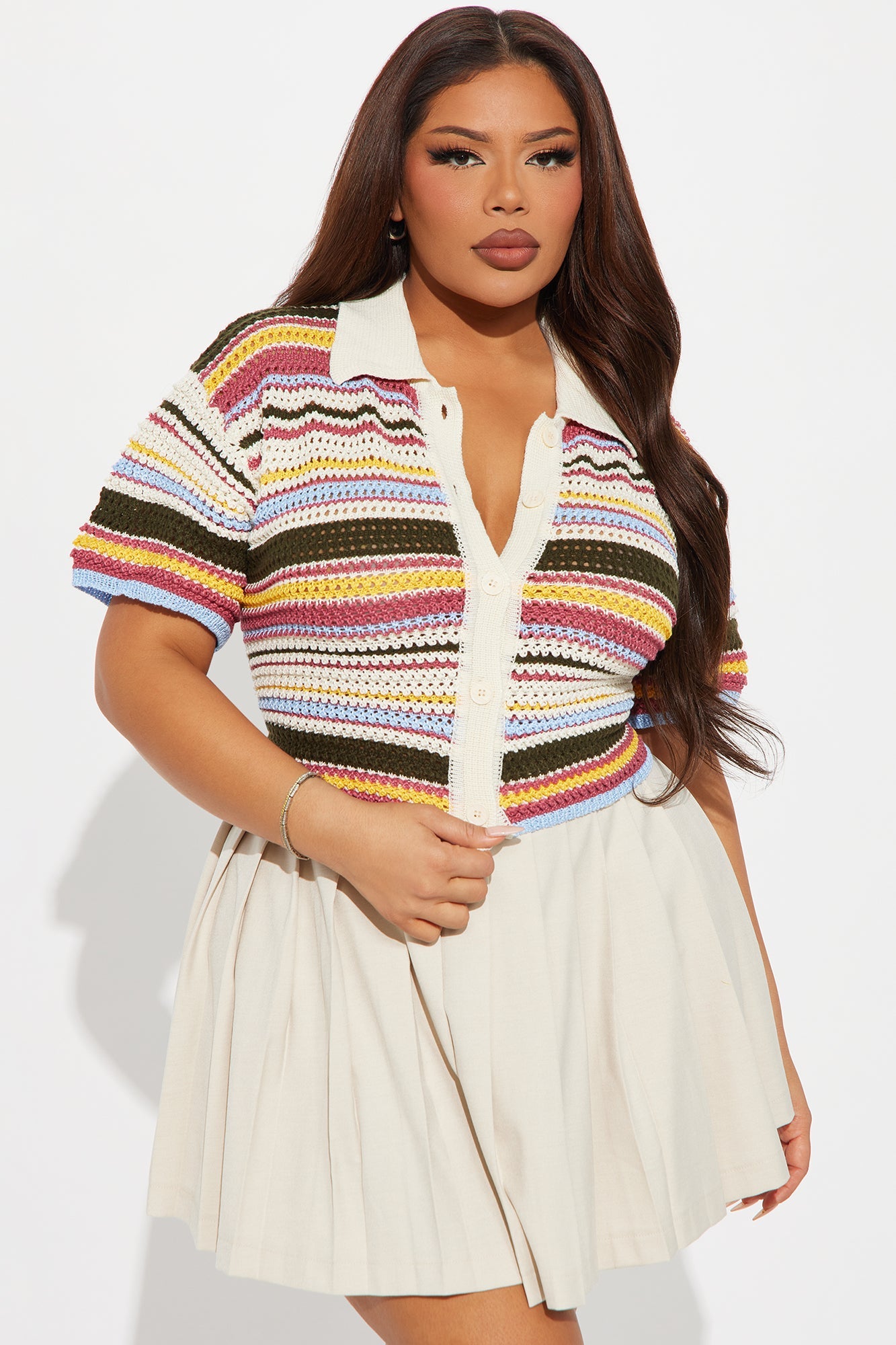 Coasting Through Striped Crochet Shirt - Multi Color