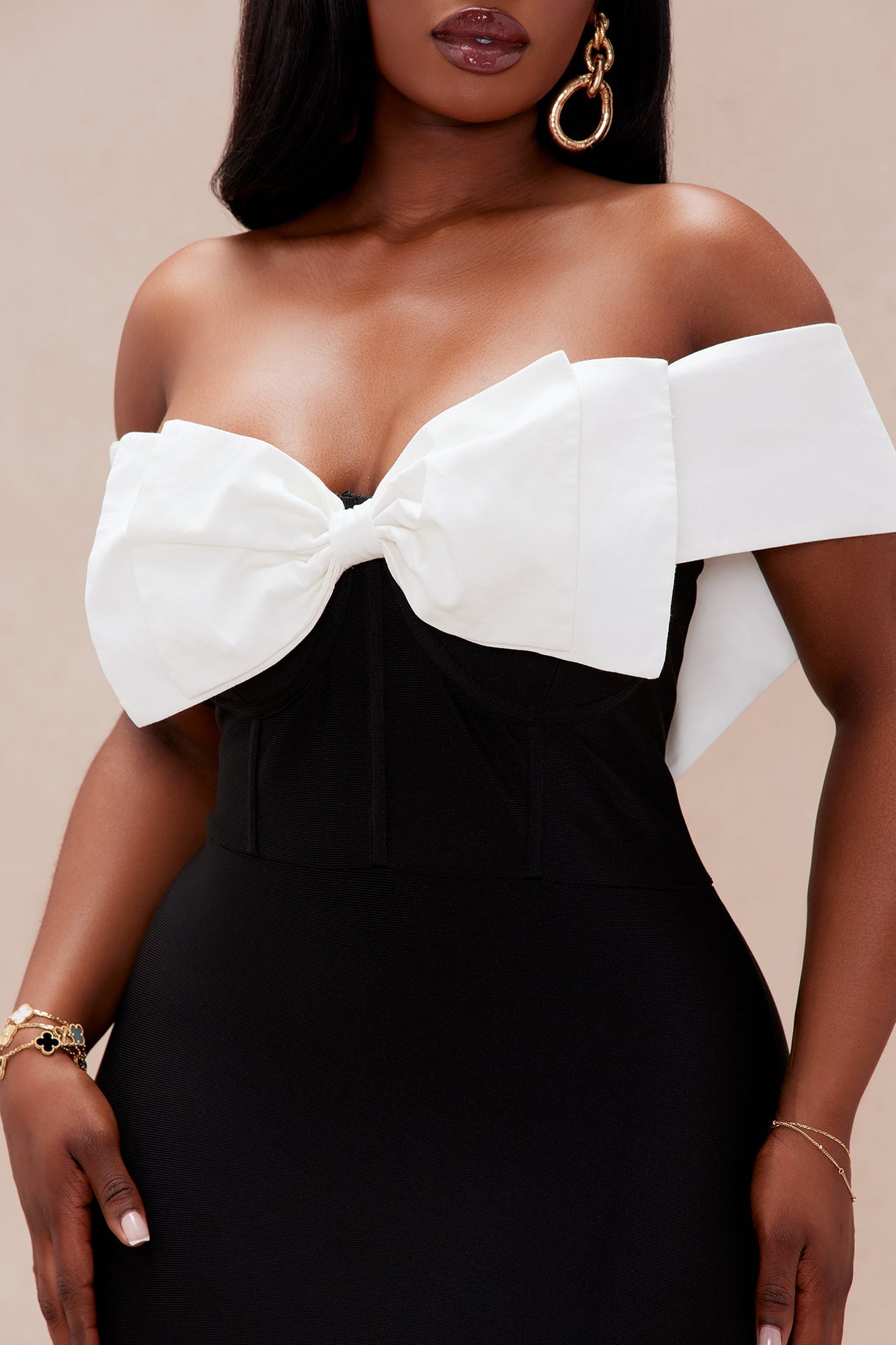 Kalia Off Shoulder Bandage Midi Dress - Black/White