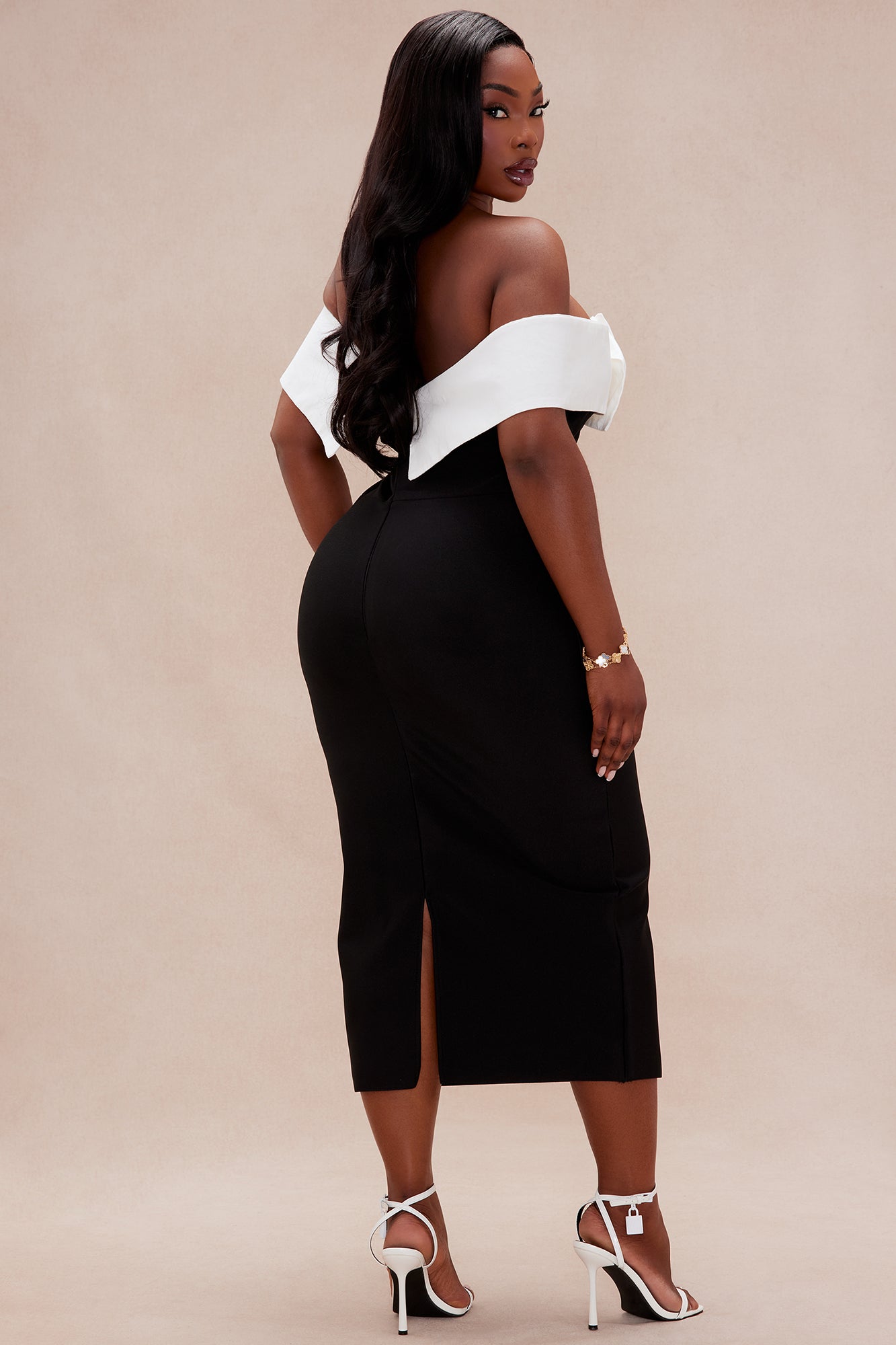 Kalia Off Shoulder Bandage Midi Dress - Black/White