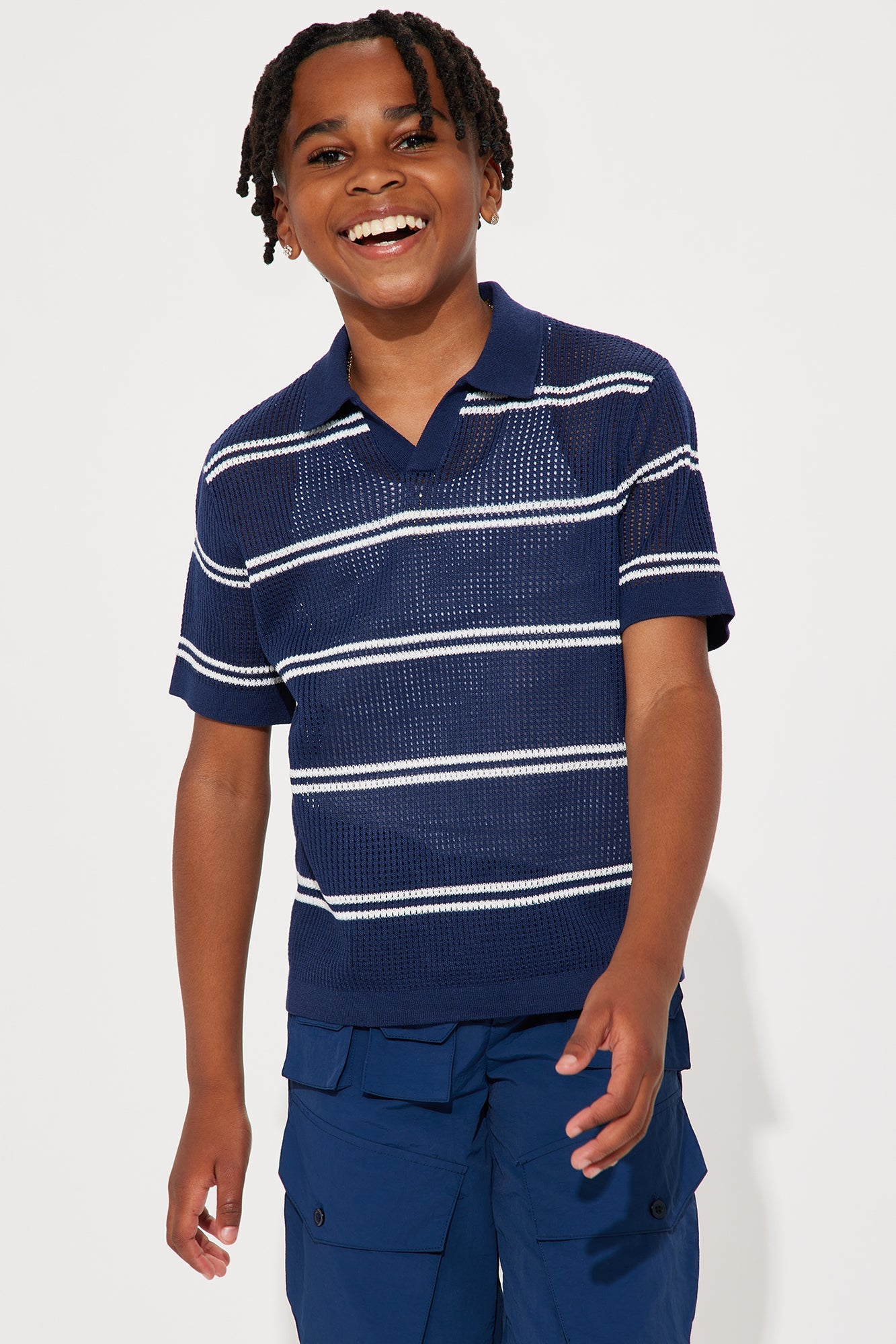Mini Noel Knitted Striped Johnny Collar Polo - Navy/combo