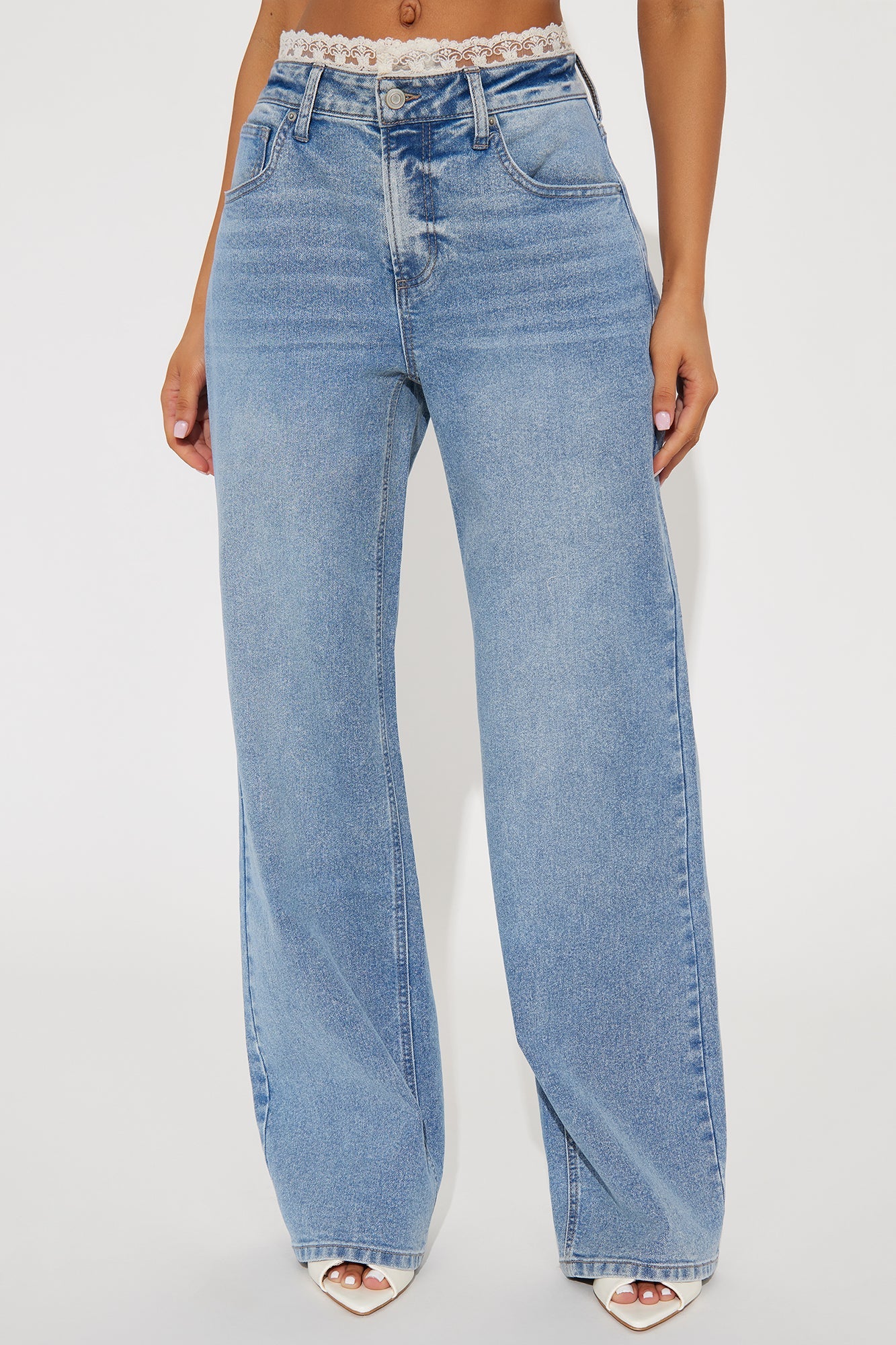Stuck In My Head Stretch Lace Trim Baggy Jeans - Medium Wash