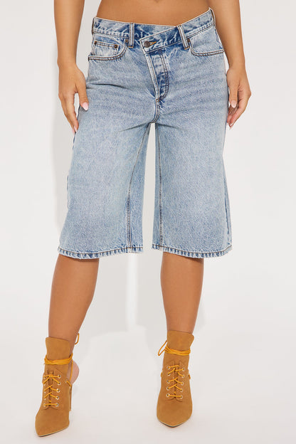 Take Whats Mine Crossover Denim Jorts - Light Wash