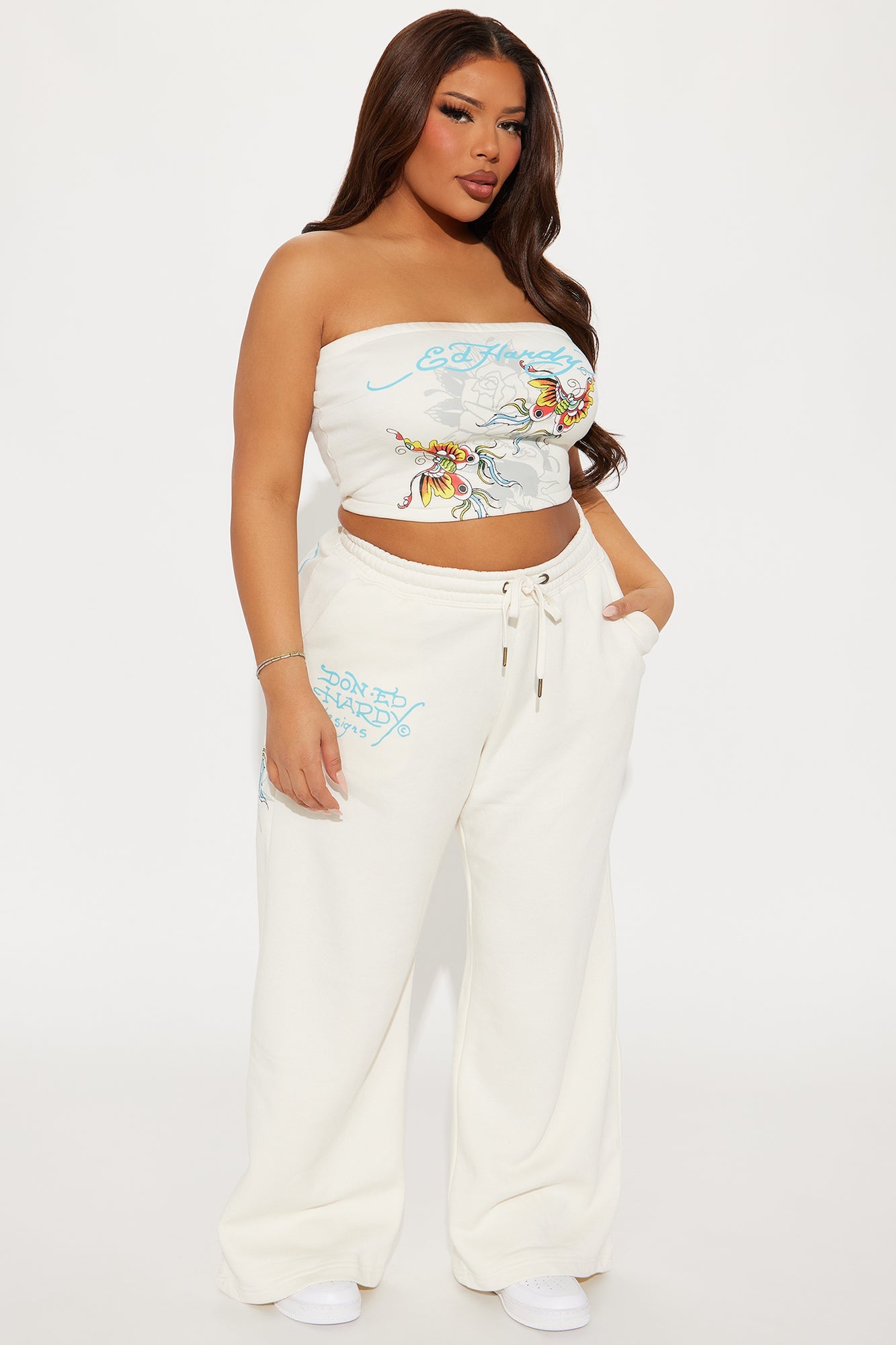 Ed Hardy Butterfly Tube Top Pant Set - Ivory