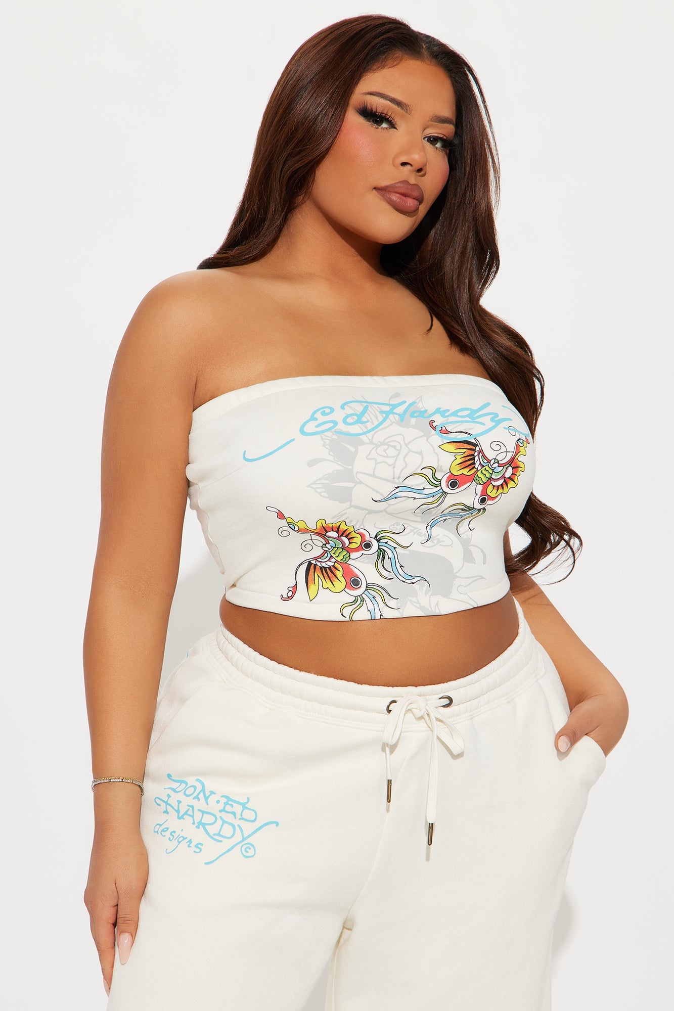 Ed Hardy Butterfly Tube Top Pant Set - Ivory