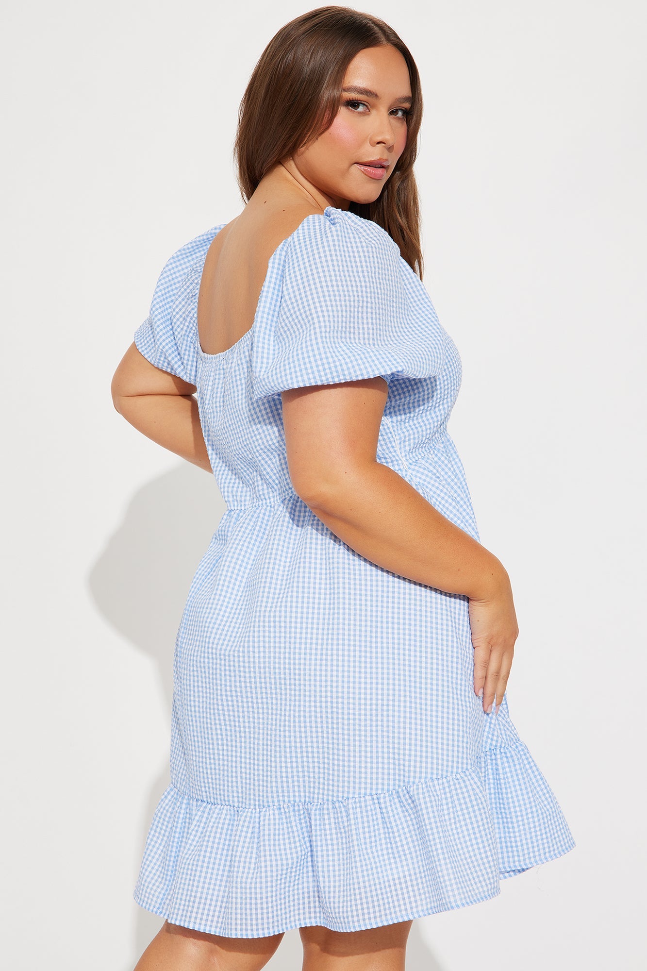 Brenda Gingham Babydoll Mini Dress - Blue