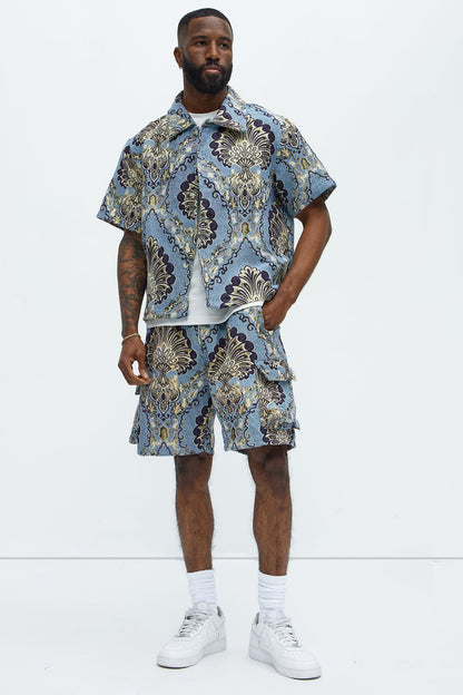 Highland Tapestry Short Sleeve Button Up Shirt - Blue/combo