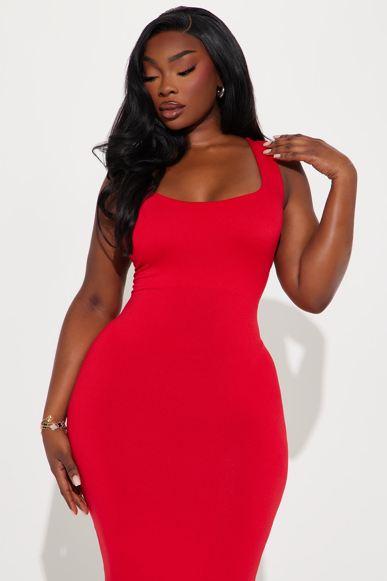 Double Scoop Midi Dress - Red