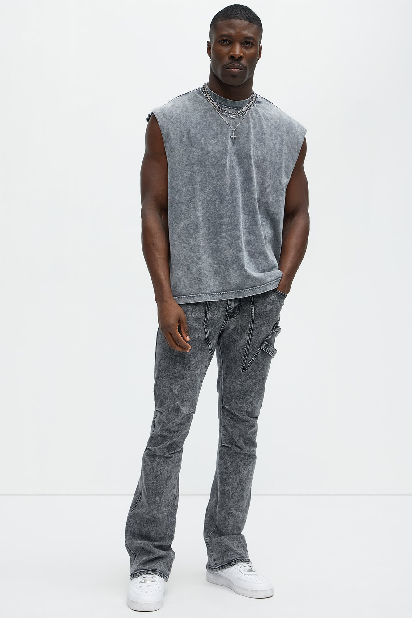 Daly Asymmetrical Stacked Slim Flare Jeans - Grey