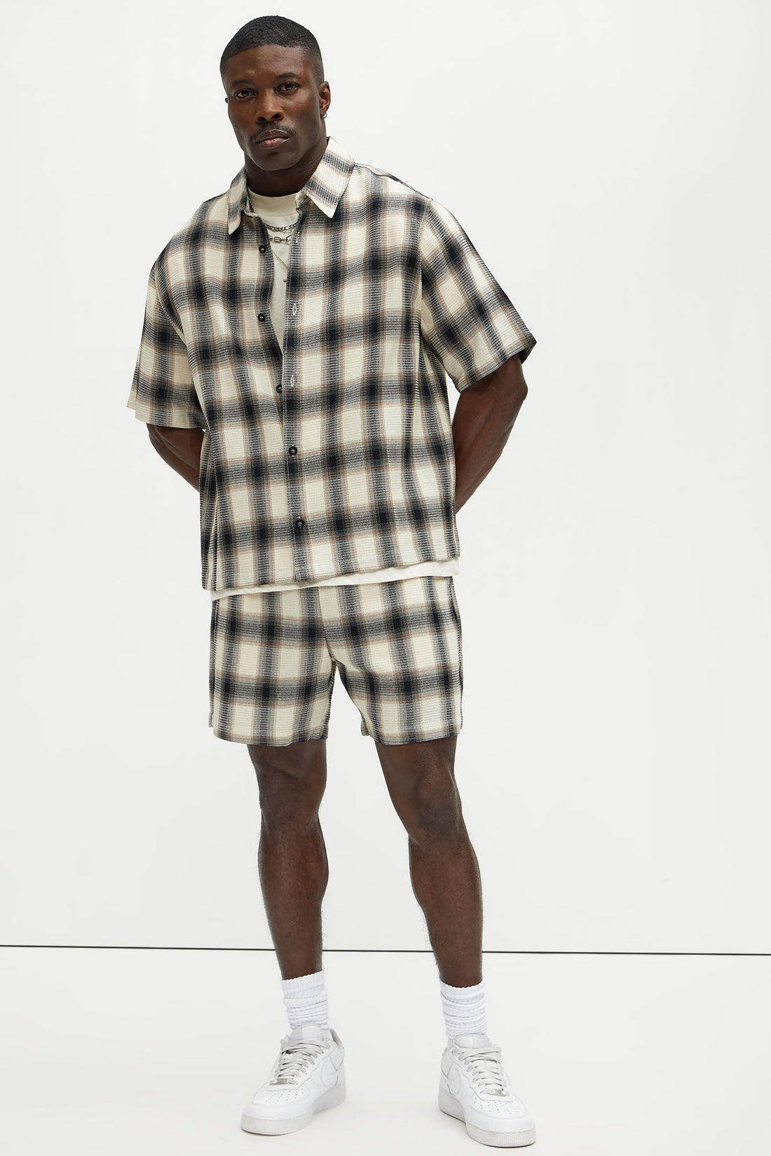 Plaid Waffle Texture Shorts - Black/combo