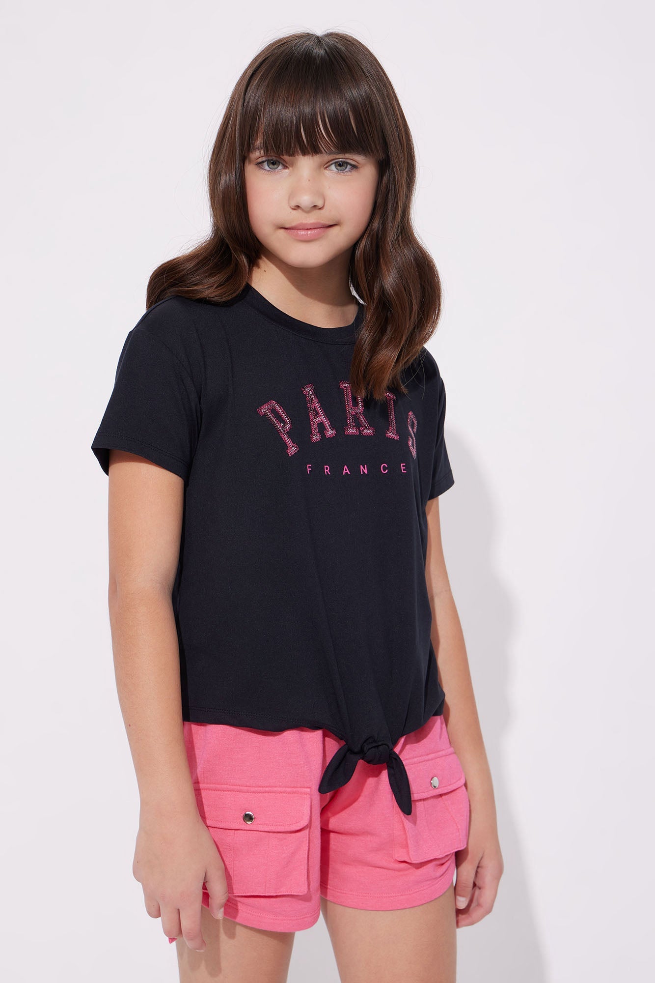 Mini Glitter In Paris France Tie Front Tee - Black