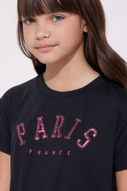 Mini Glitter In Paris France Tie Front Tee - Black