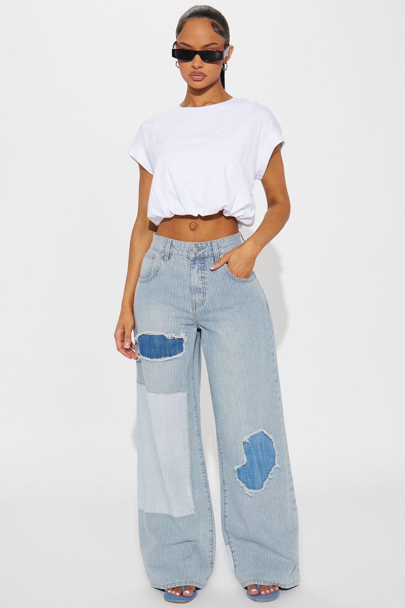 Cielo Non Stretch Destructed Wide Leg Jeans - Light Wash